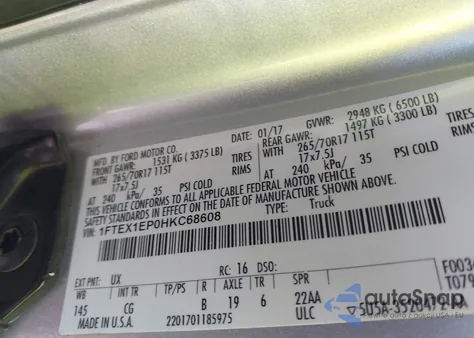 2017 Ford F-150 Xl из США, поврежденный, VIN 1FTEX1EP0HKC68608